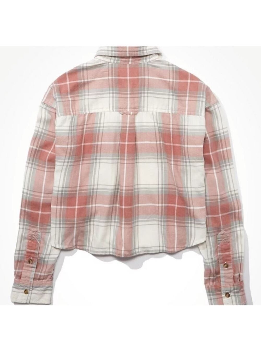 American Eagle Plaid Cropped Button Up Shirt Muted Red Gray Size Medium - Picture 6 of 14
